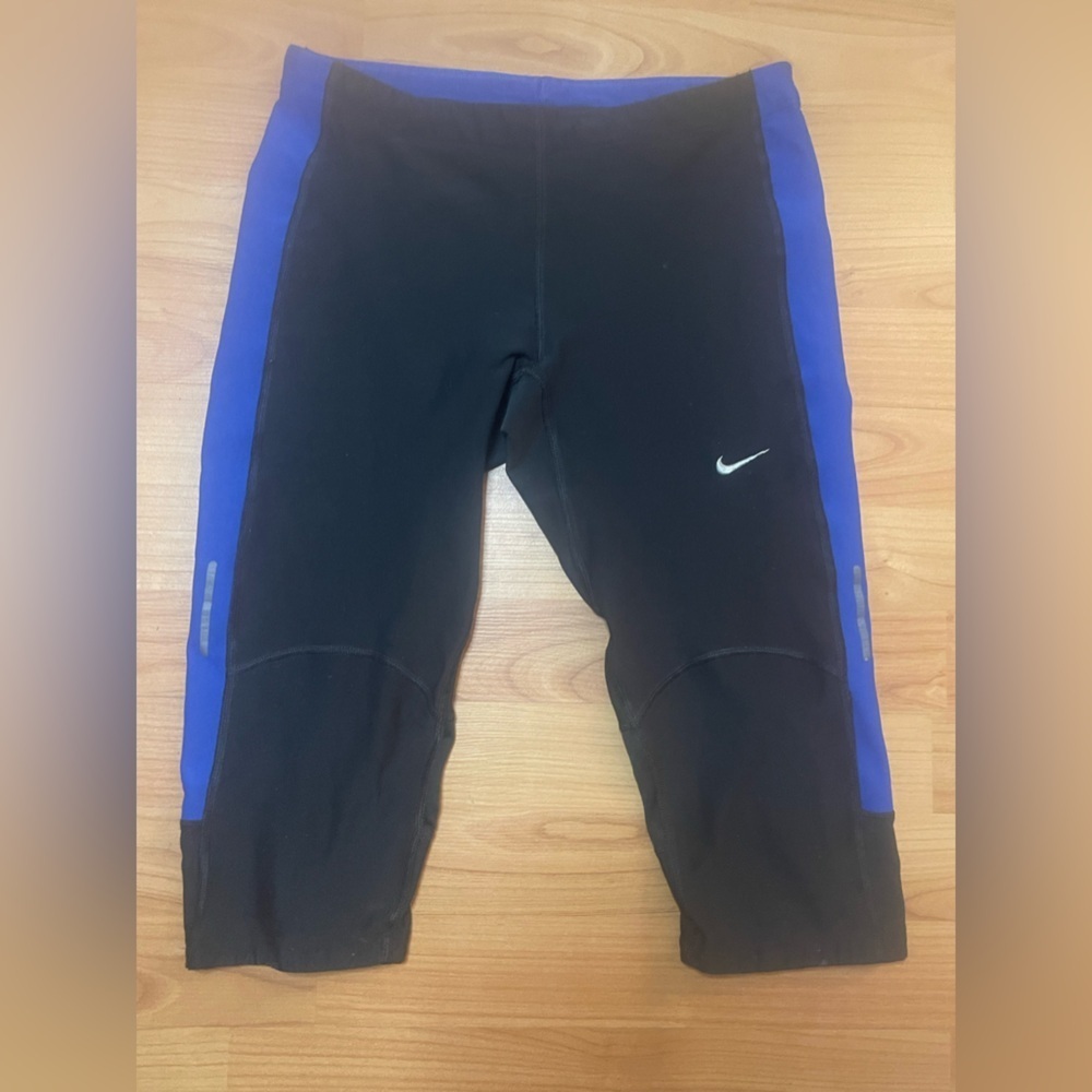 Nike Running Capri Leggings Women's Sz Med Dri-Fit Athletic Workout Black Blue